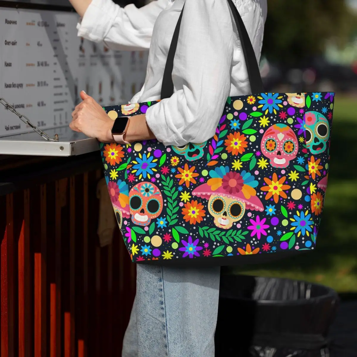 

Sugar Skull Mexican Flower Halloween Day Of The Dead 11 Beach Tote Bag Yoga Duffle Large Tote Bag Women Travel Bag Fitness bag
