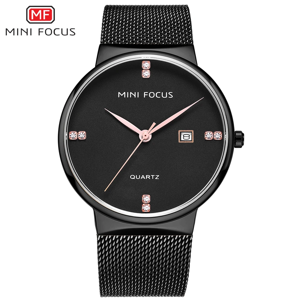 MINI FOCUS Men's Casual Dress Watch, Japanese Quartz, Date Window, Stainless Steel Mesh Band, Waterproof Wristwatch