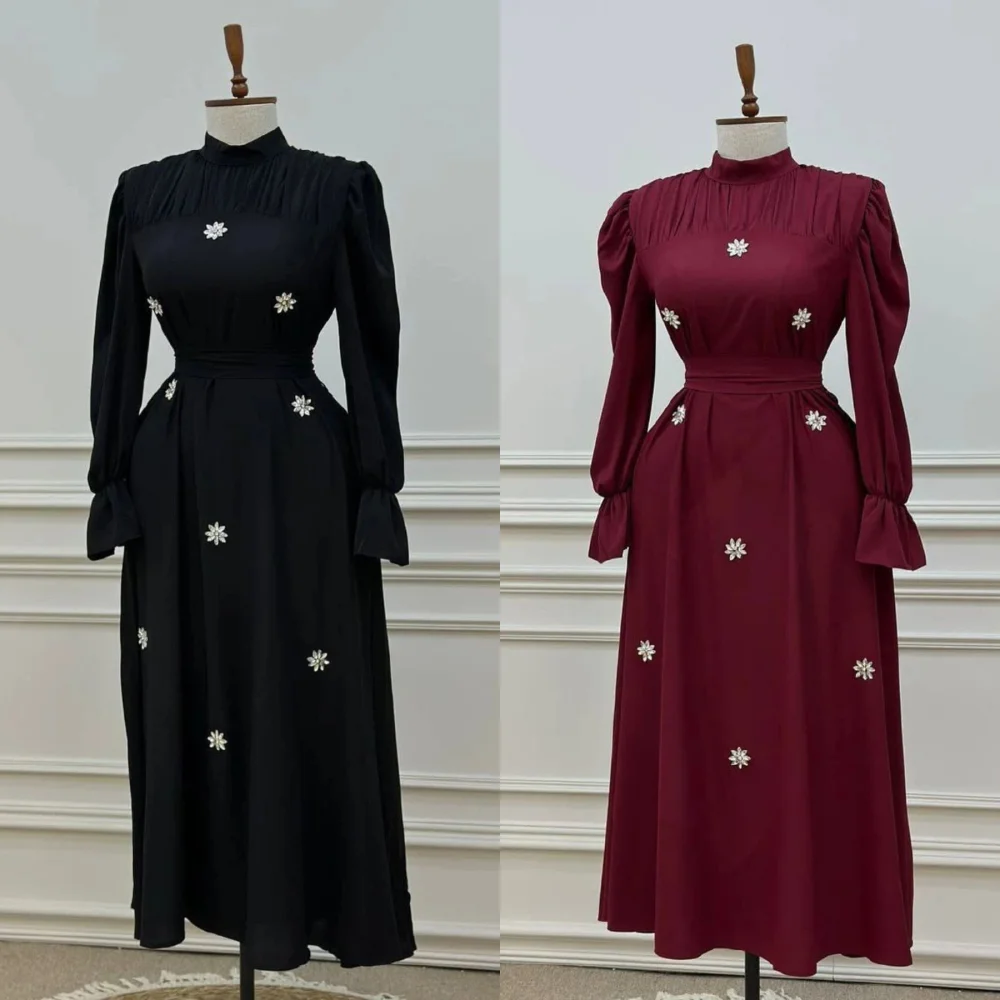 

Customized Jersey Rhinestone Sash High Collar A-line Midi Dresses Bespoke Occasion Prom Party Classic Elegant Sizes Available