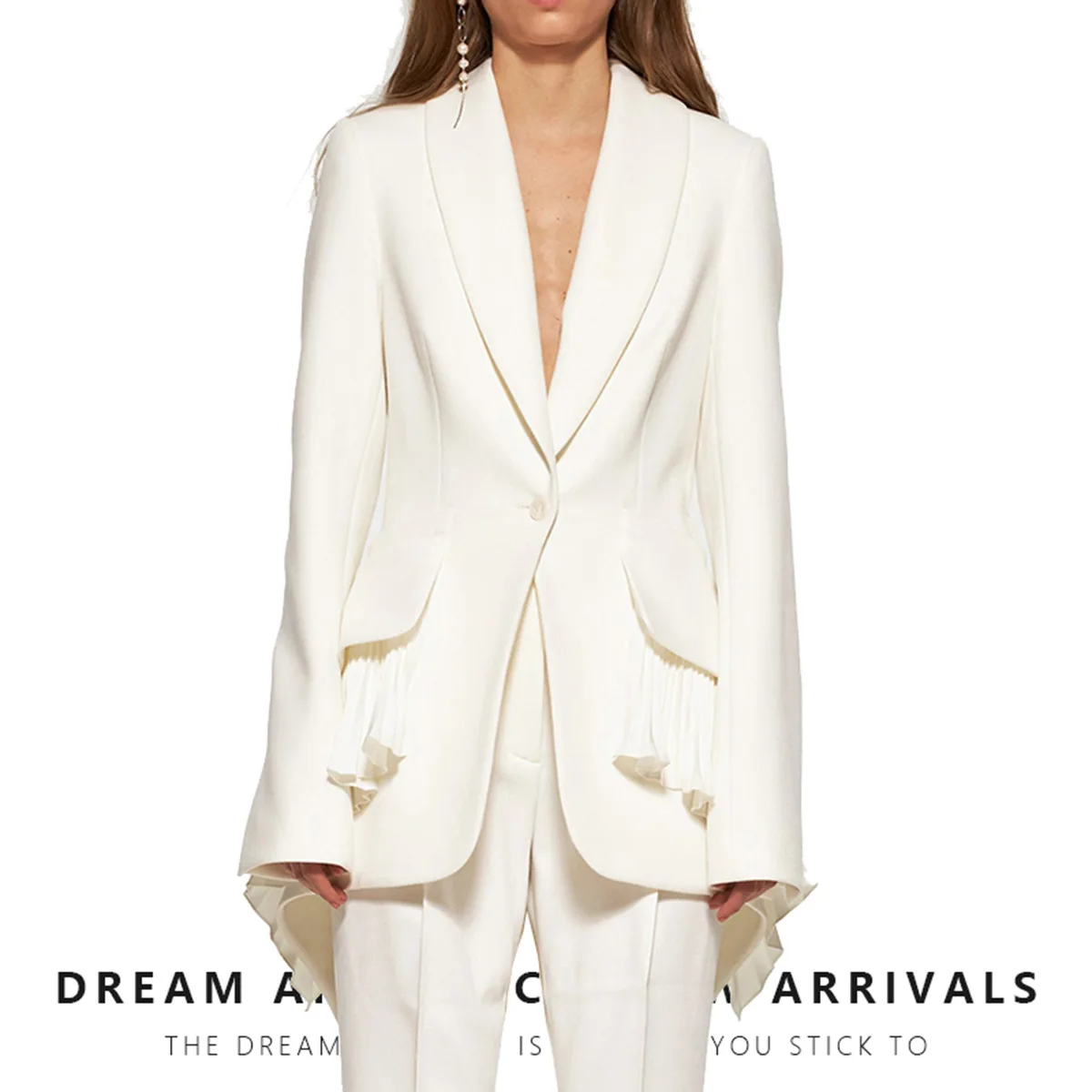 2025 Spring Autumn Blazer White Tailored Ruffled Suit Office Jacket With Hem Pleats For Women Single Buttoned Long Sleeve