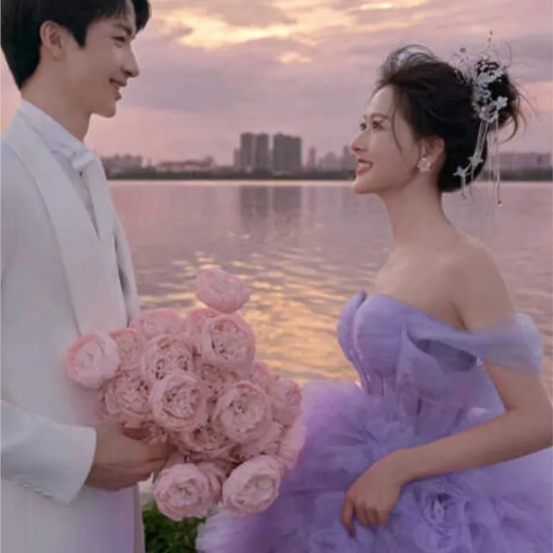 New studio theme clothing exterior sea view photo color yarn travel couple purple dress with a tail