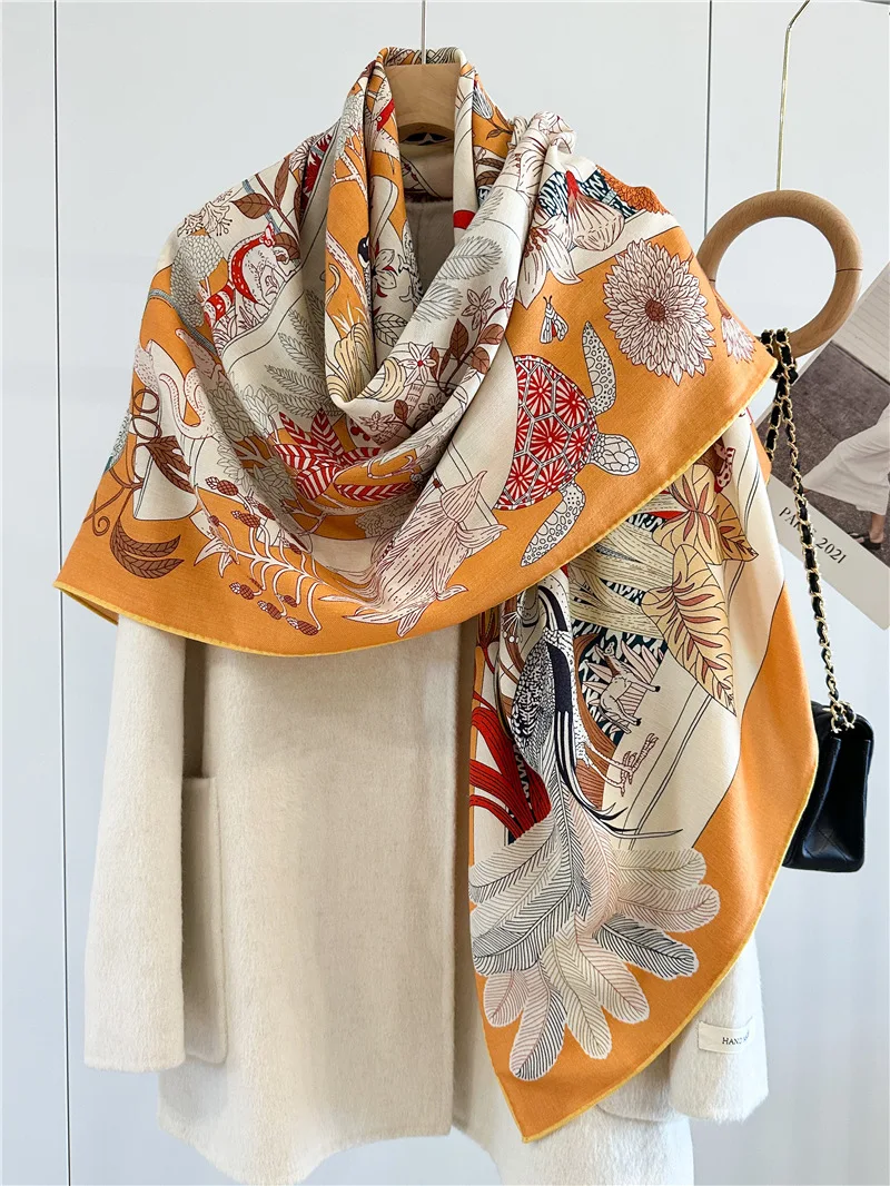 Luxury Design Double Sided Silk Wool Scarf Women Giant Hand-rolled Edges Shawls Winter Accessories Square Scarves Stole Foulard