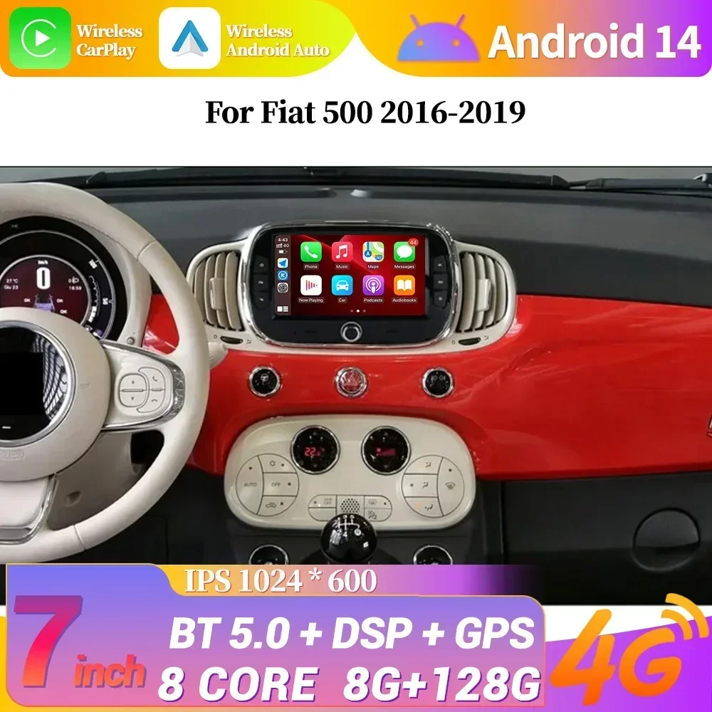 For Fiat 500 2016-2019 Wireless Android 13 Carplay 4G Multimedia Car Radio 2 Din Screen WIFI GPS