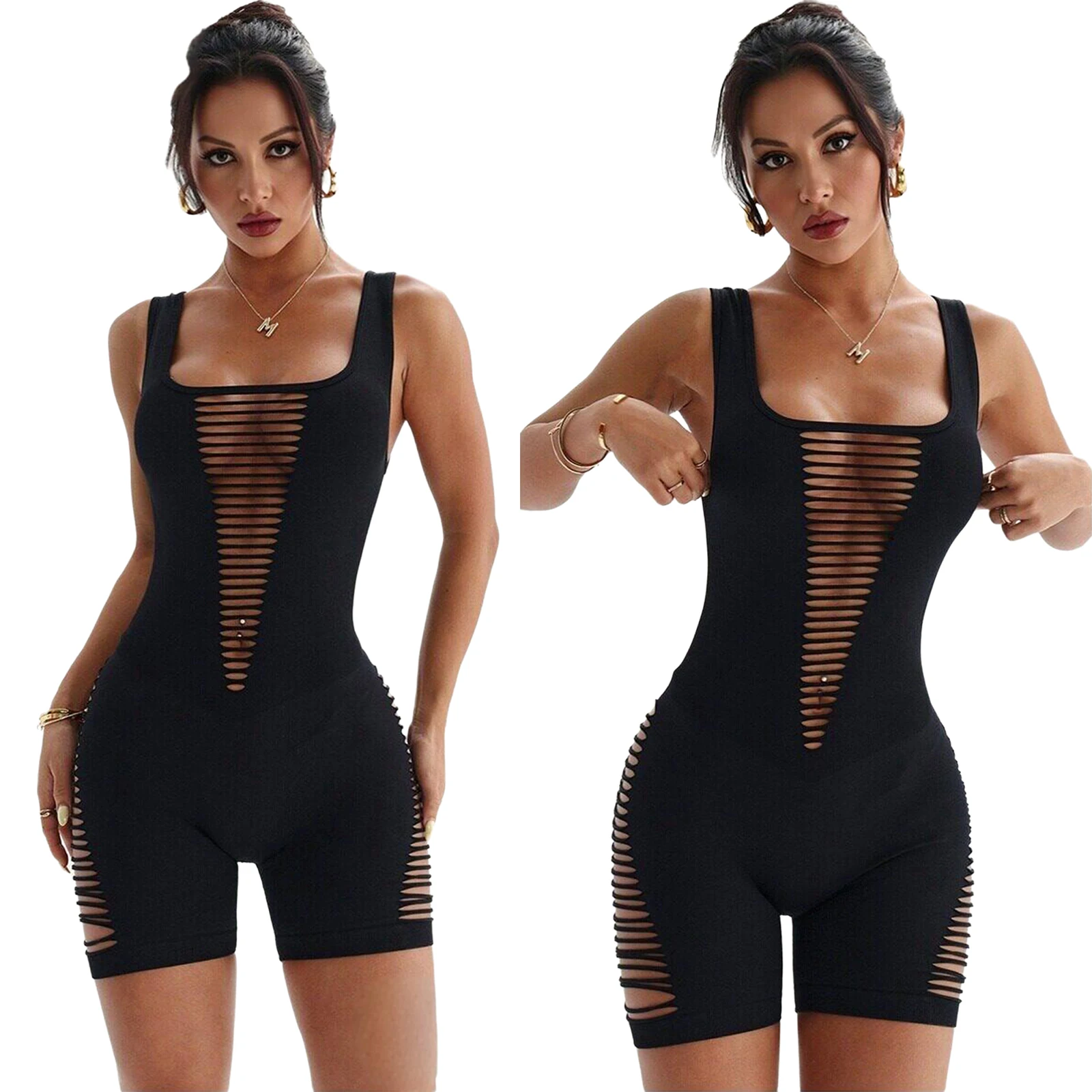 Women Sexy Hollow Out Backless Bodysuit Sleeveless Square Cut Athletic Stretchy Breathable Quick Dry Lightweight for Yoga Summer