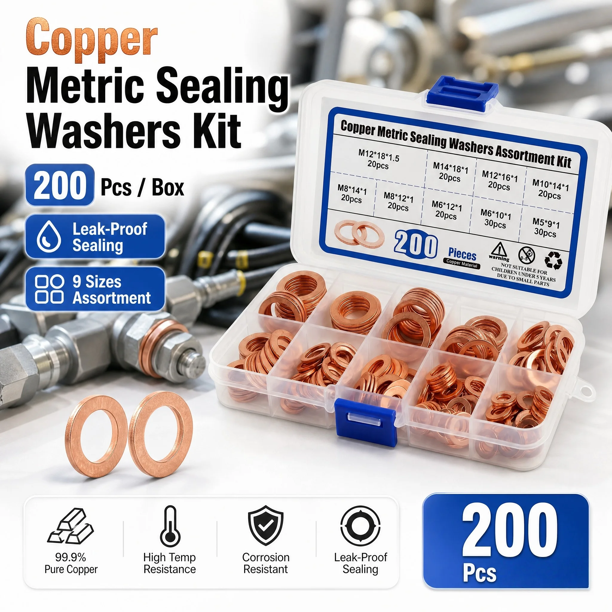 

200PCS 9 Sizes Copper Washers Assortment Kit M5-M14 Metric Flat Ring Sealing Gasket Set For Sump Plugs Oil Boat Crush Seal