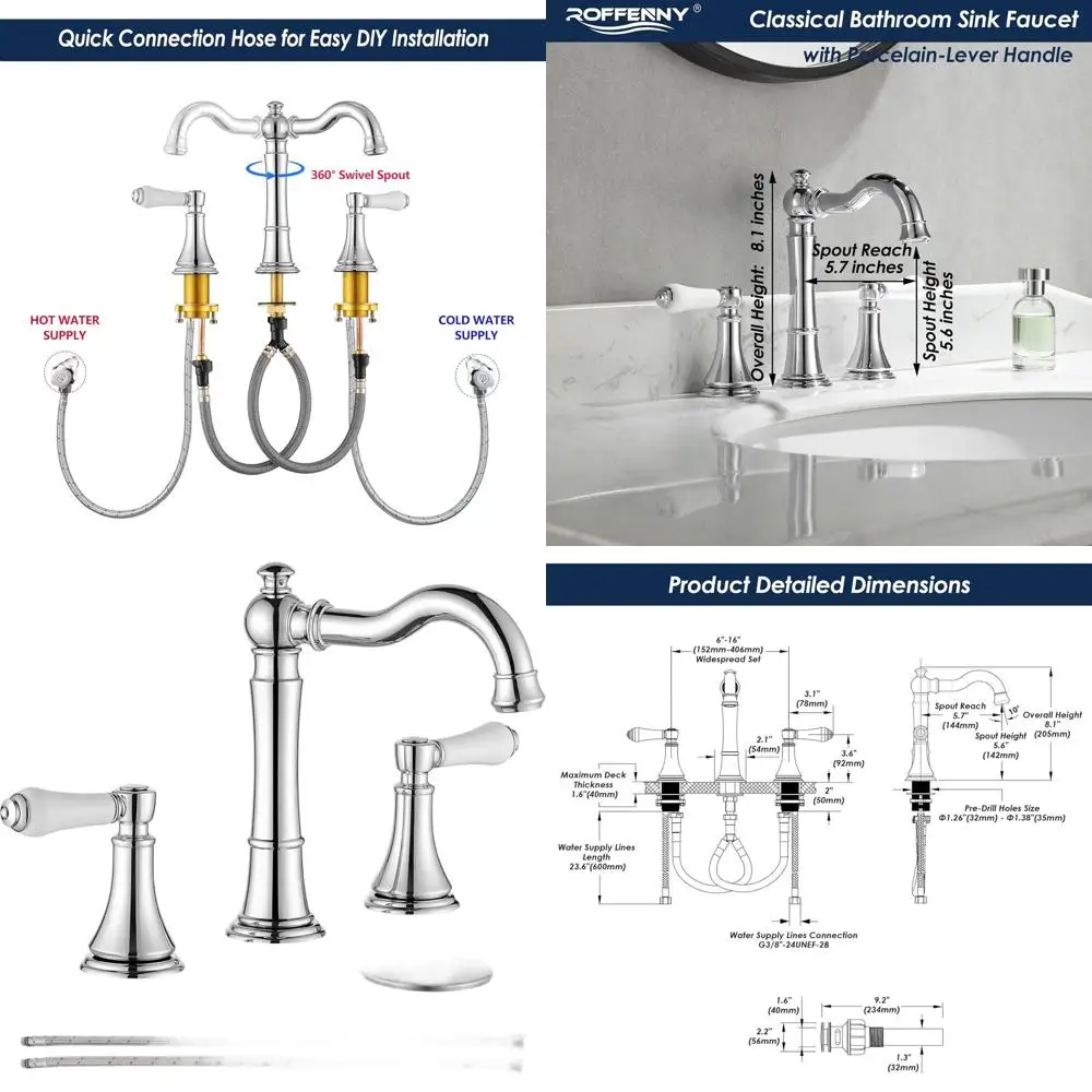 

8 Widespread Chrome Bathroom Faucet with Plastic Pop-Up Drain and 2 Water Lines for 3-Hole Vanity Sinks