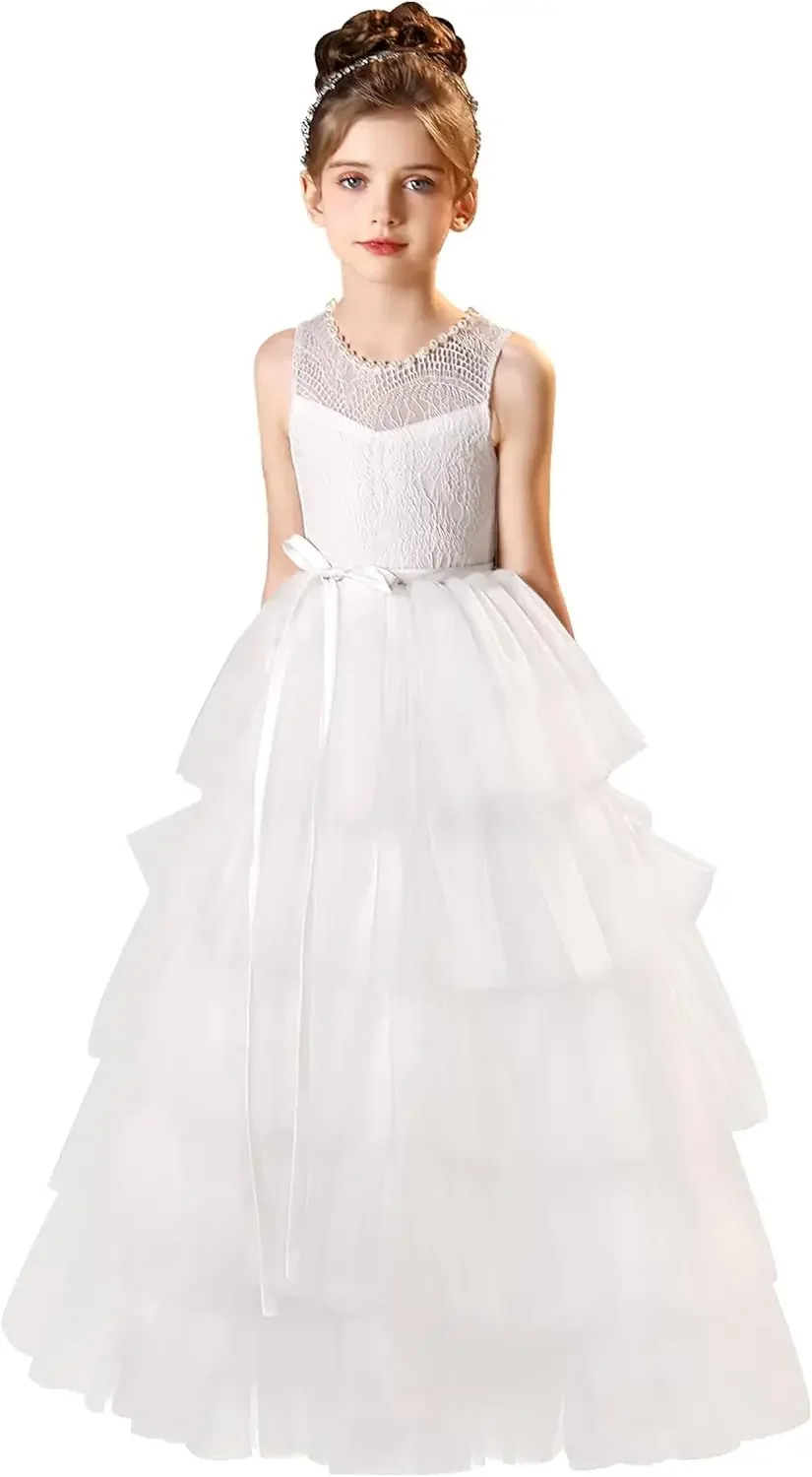Gaun Pesta Pesta Gaun Gadis Bunga Tulle untuk Pernikahan Renda Gaun Komuni Pertama Gaun Pesta Kontes Berlapis untuk Anak Perempuan