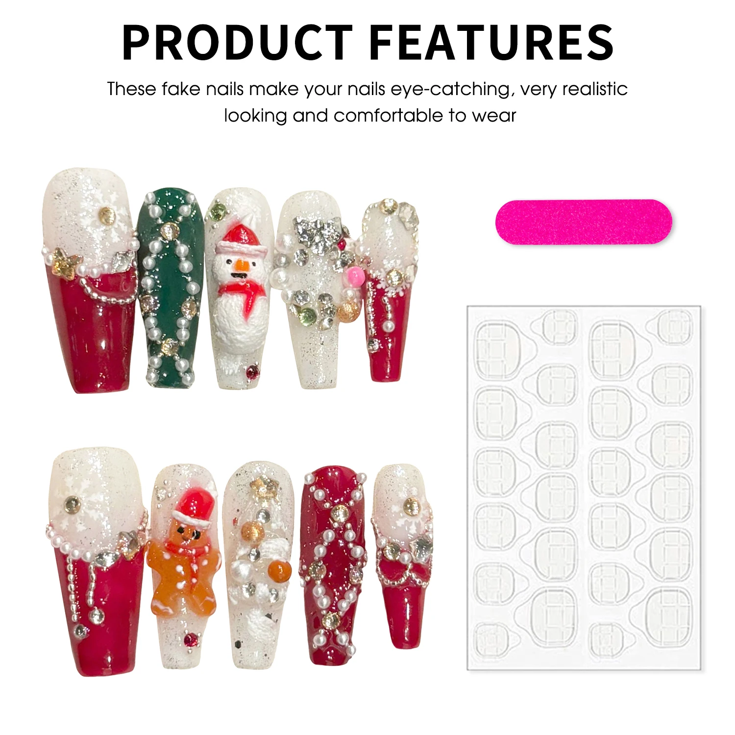 10pcs Handmade Press On Nails Red French Style Snowman Gingerbread Man Pearl Chain Diamond Decor Christmas False Nails For Party