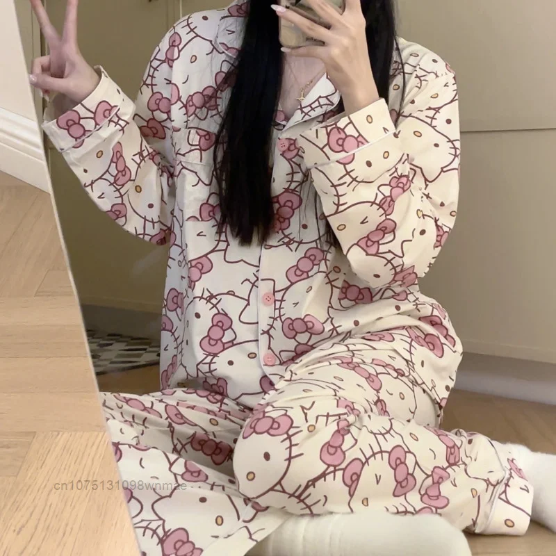 Sanrio Hello Kitty Kawaii Anime Pijamas Set for Women Spring Summer New Kuromi Korean Pyjama Cartoon Y2k Loose Homewear Clothes