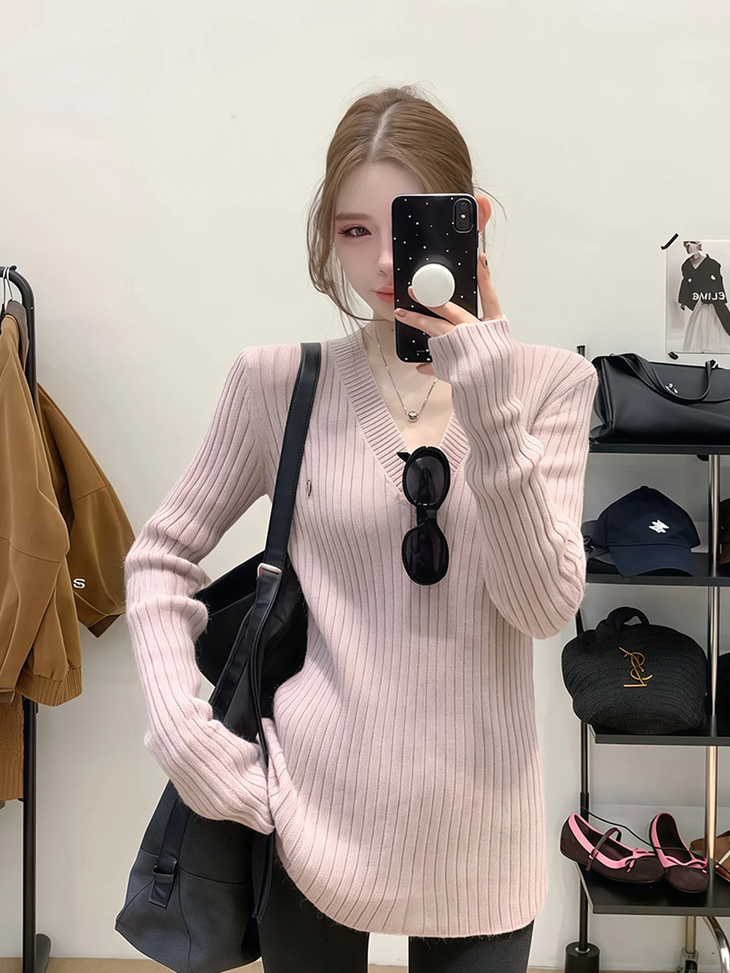 

Korean Gentle Style Long Sleeve V-Neck Knitted Sweater Casual Loose Slimming Commute Friendly All-Season Women's Top