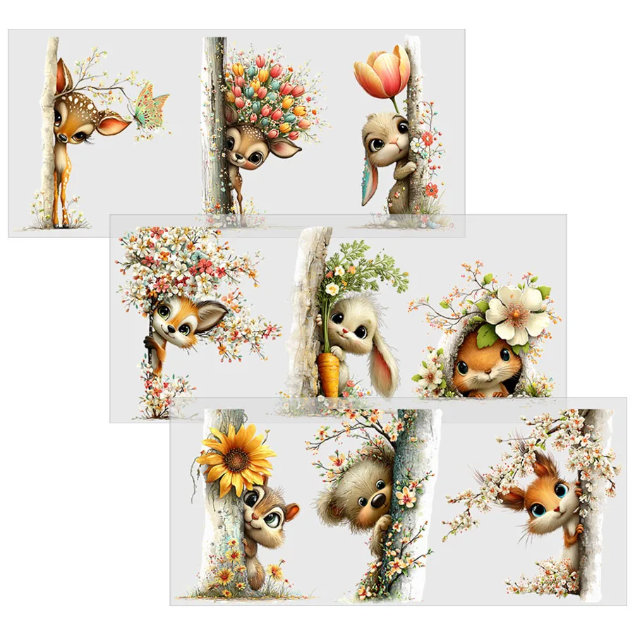 3pcs Woodland Peeking Animals DIY UV DTF Rub On Transfer Sticker Tumbler 16oz Glass Cup Can Wrap Coffee Mug Cards Party Decor