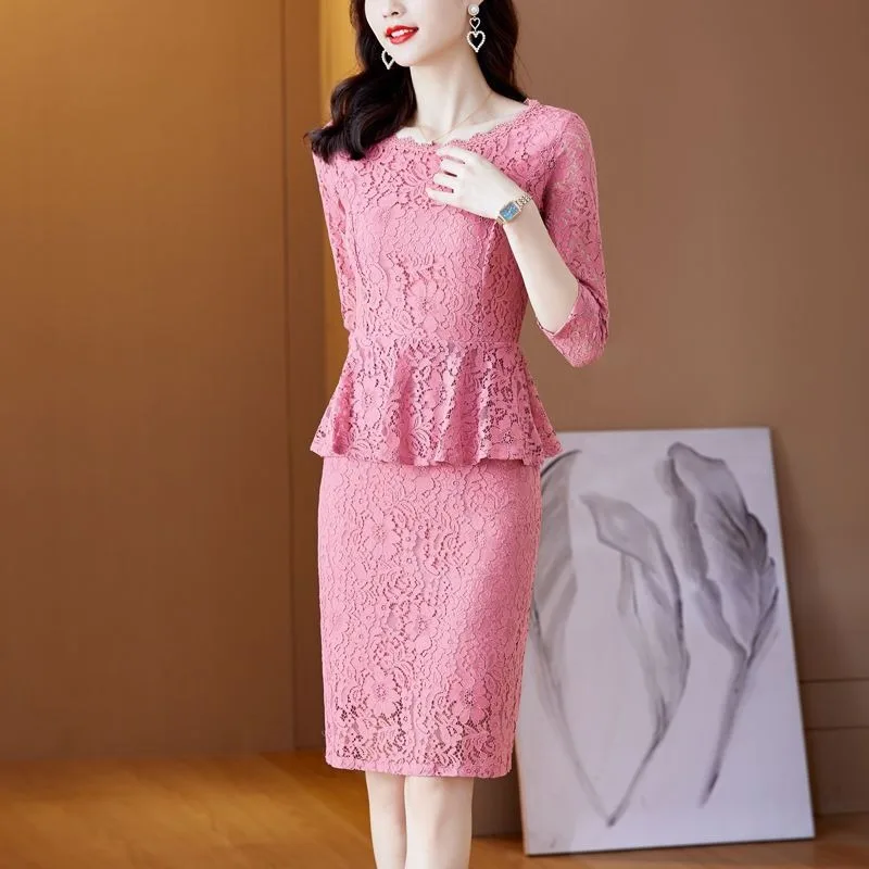 

Casual Set Of Dress Women 2023 Summer New Style Elegant Lace Dress O Neck Solid Slim Fit Slim Dress Set Half Dress Female Tops