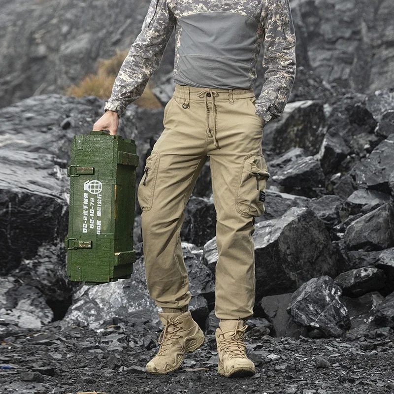 

Мужские повседневные спортивные брюки-карго с карманами, в стиле сафари, с эластичным поясом, из чистого хлопка, для работы, модель 8555