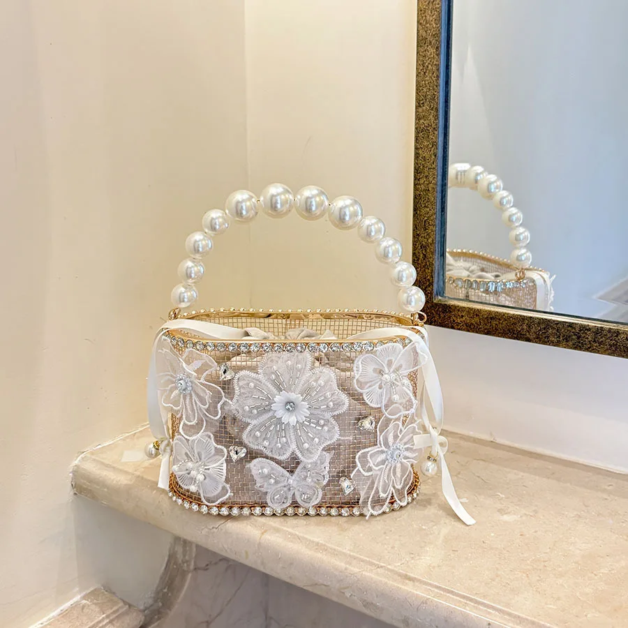 Metal Pearl Ribbon Flower Vegetable Basket Birdcage Bucket Bag Banquet Water Diamond Chain Clutch Messenger Bag