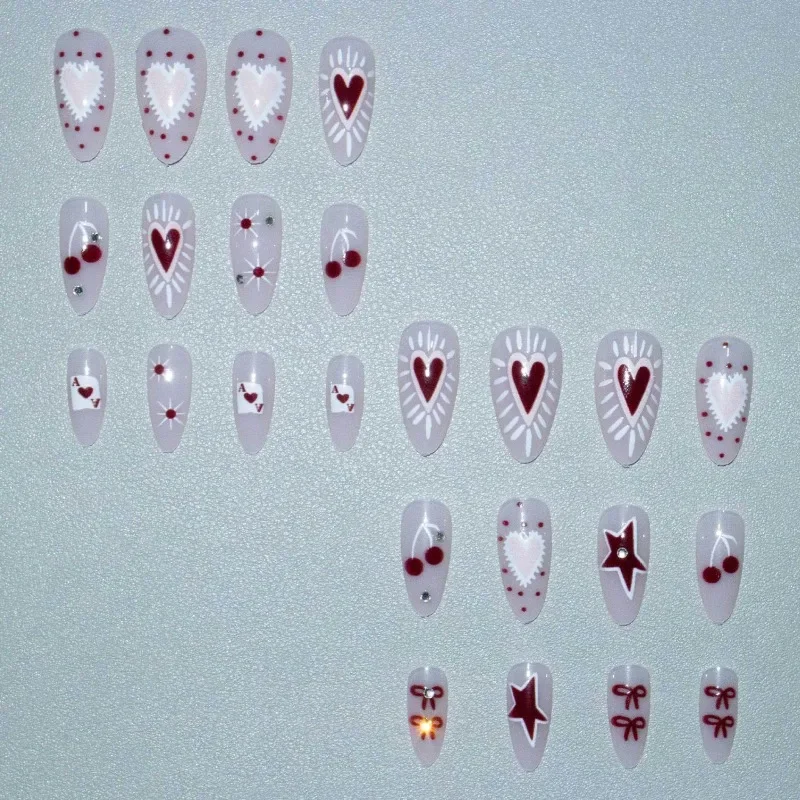 24個入りアーモンド型プレスオンネイル、ラグジュアリーボウレッド、ラブチェリーデザイン、つけ爪、スイートキュートダイヤモンド、グラマラスマニキュア（女性用）