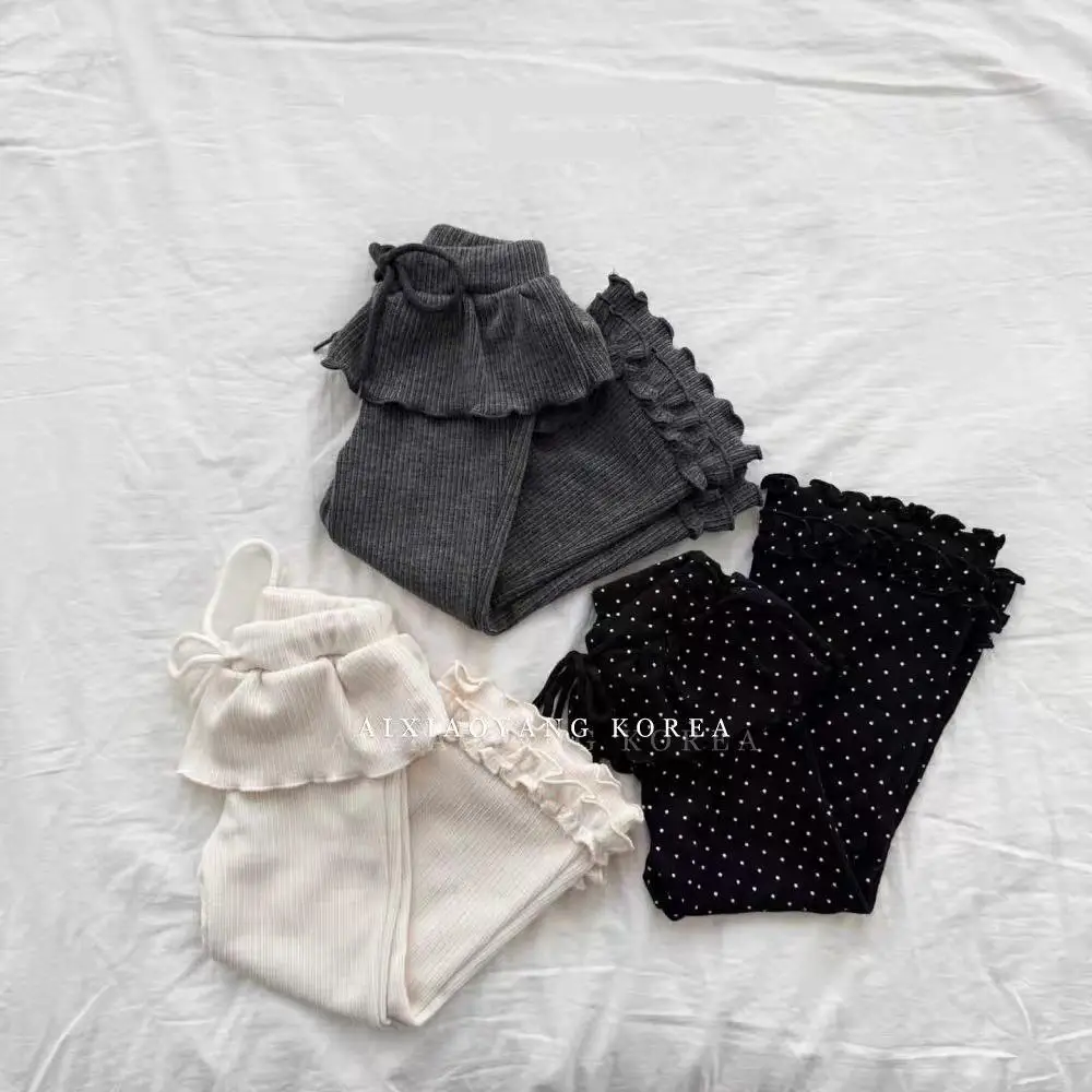 

2025 Autumn New Girls Flared Trousers Cotton Baby Girl Cute Lace Pants Children Polka Dot Casual Pants Toddler Clothes