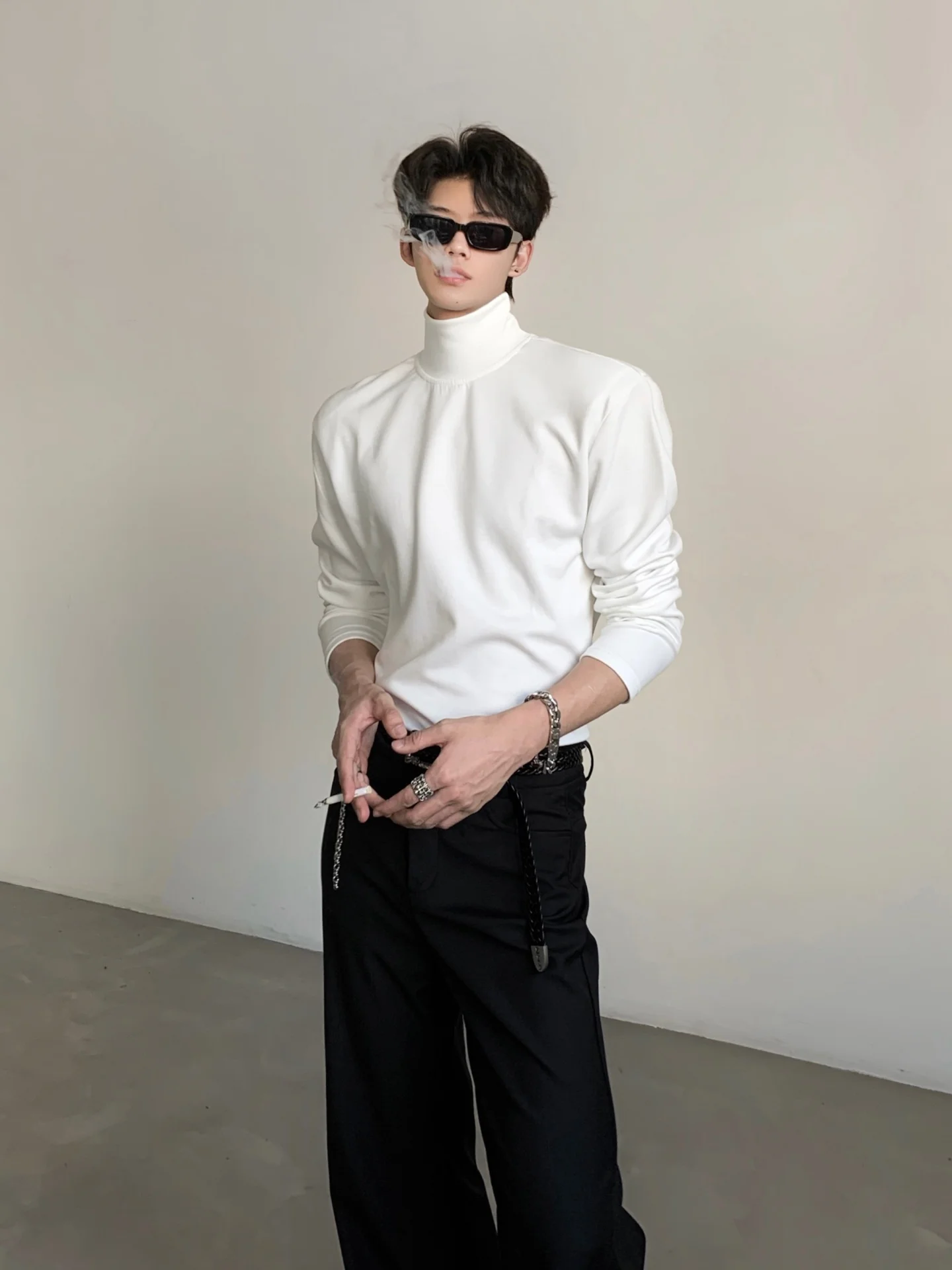 

Ace High Neck Long Sleeve Men's T-shirt Bodycon Inner Wear Versatile Spring Autumn Color Shoulder Pad Design Casual Top