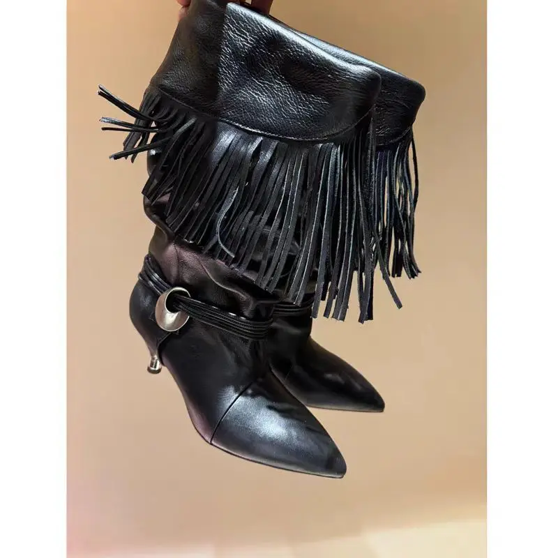 Tassel Straps Pointed Toe Mid-Calf Metal Decoration Women Boots Round Middle Heels Slip On Design Large Size Fashion Shoes