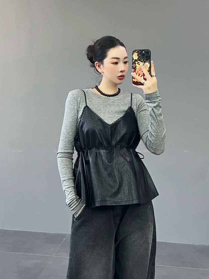 

2025 New Sle Women's Leather Tank Top Svel Slim Fit Versatile Mid-Length Zipper Closure round Ne ort Sve Vest