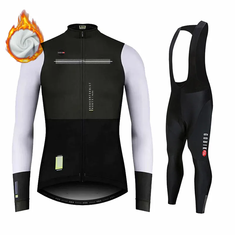 KBORA Winter Thermal Fleece Long Sleeve Cycling Jersey Set Bib Pants Ropa Ciclismo Bicycle Clothing MTB Bike Men Clothes Suit