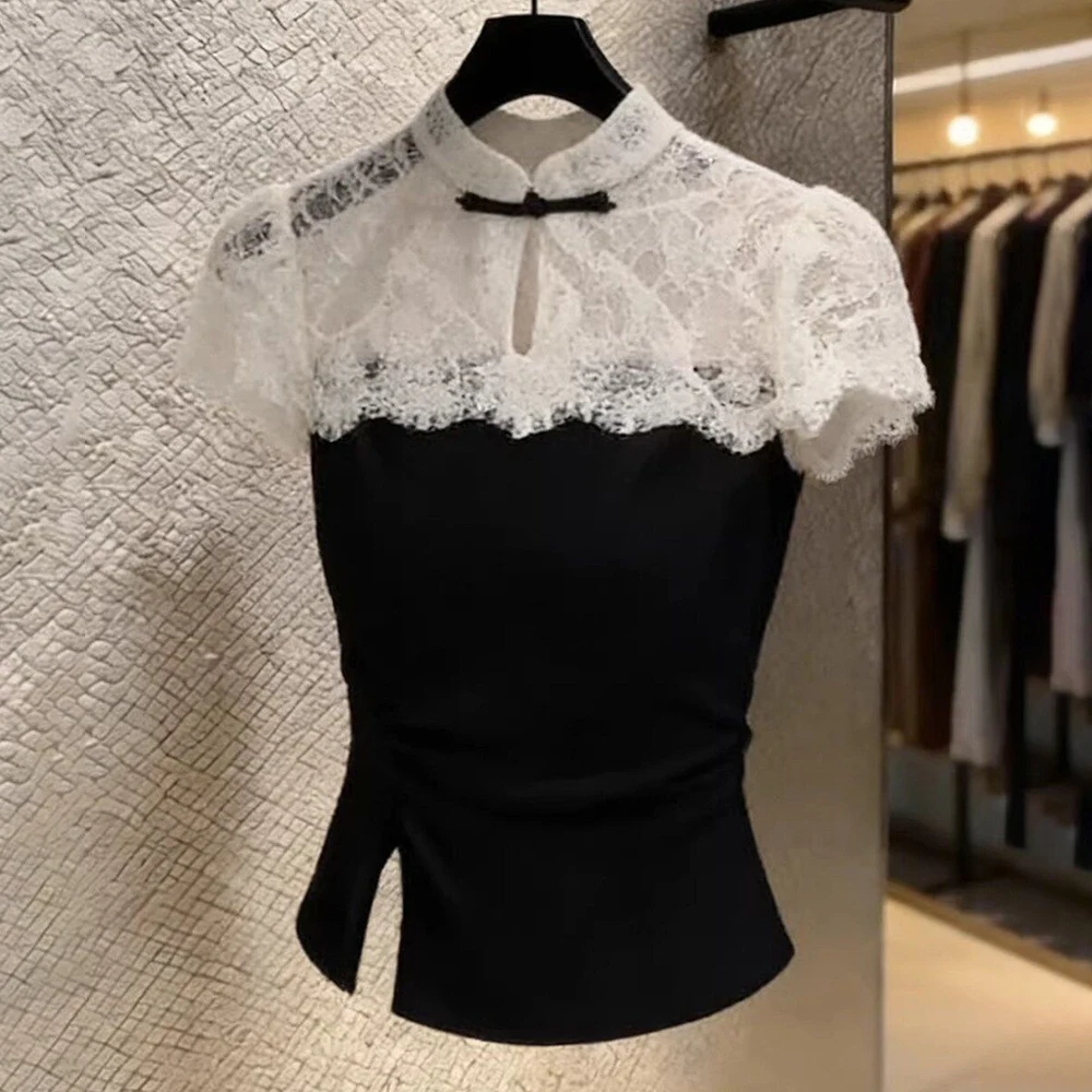 2026 summer new national style buckle temperament lace splicing pleats waist slim and thin stand-up collar short-sleeved T-shirt