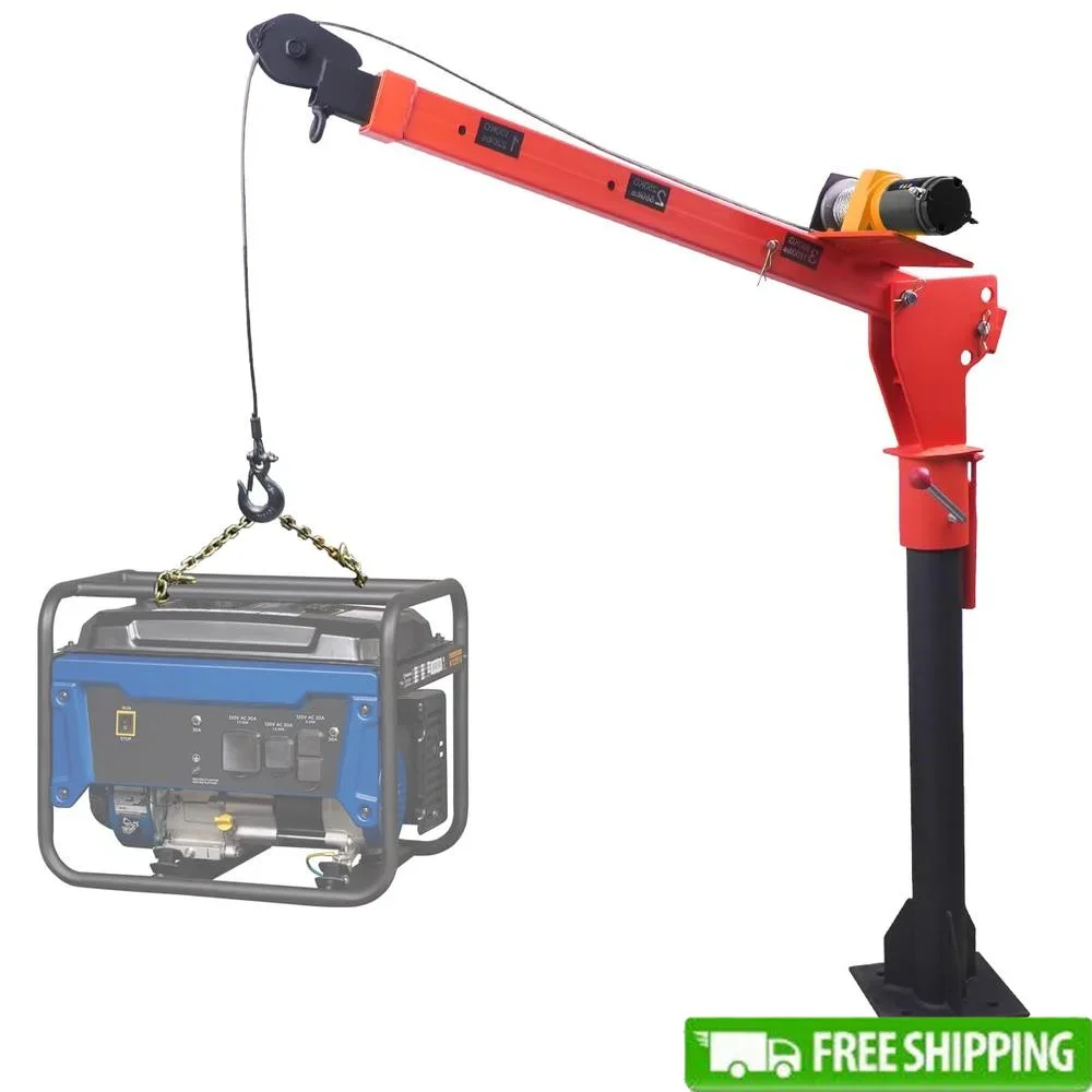 1100lb Folding Truck Crane Electric Winch 3500lb Jib Hoist 360 Degree Rotation Adjustable Boom Height Steel Construction