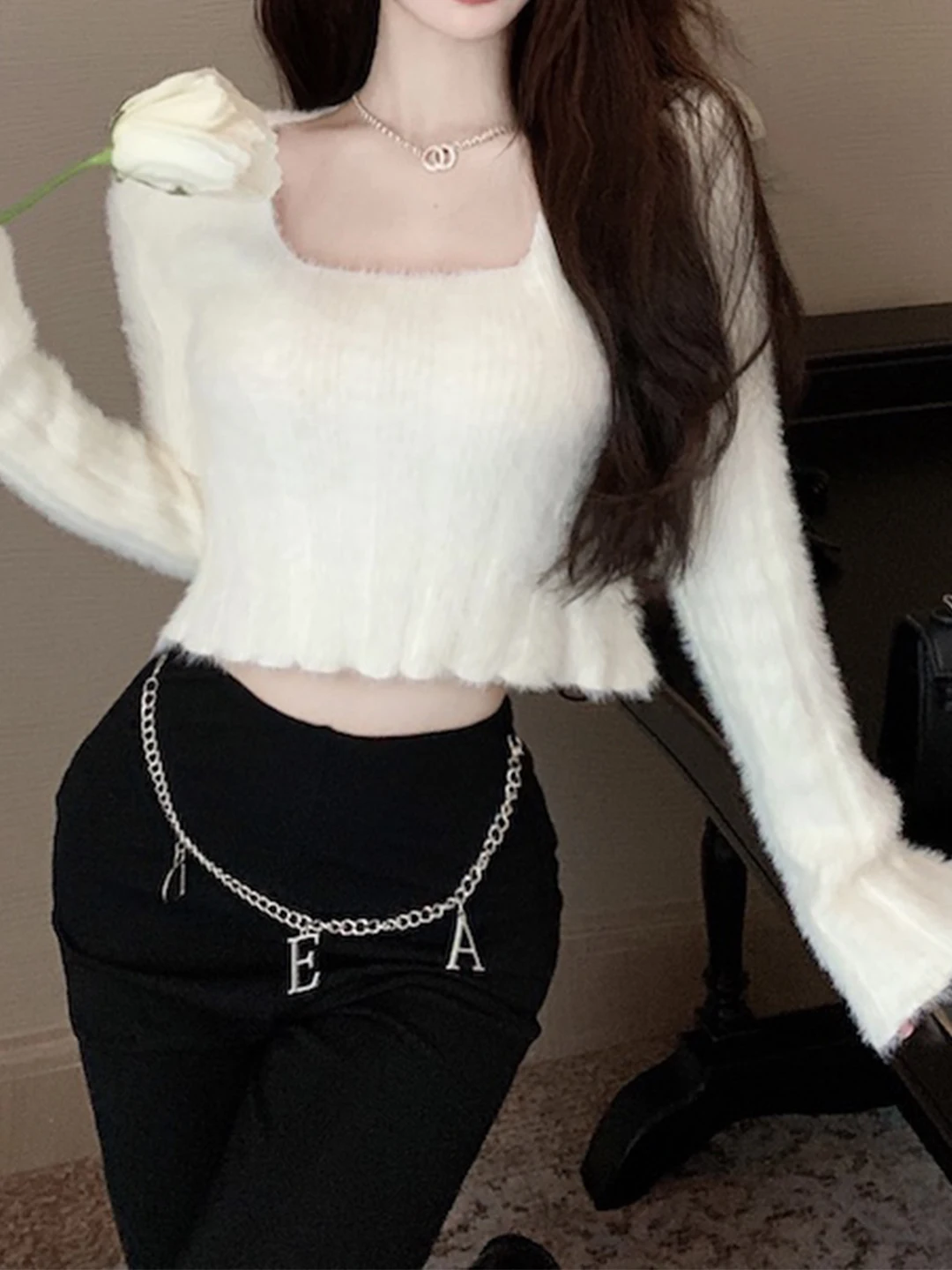 

Women's ort Square Collar Faux Fur Base irt Sweater Inner Wear Autumn Winter Warm Knitted Top Commute Sle Slim Fit Long...
