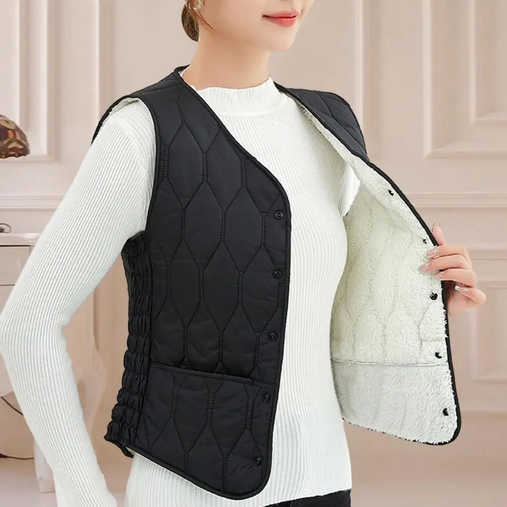 Fall Winter Women Vest Coat Solid Color V Neck Cardigan Waistcoat Thick Padded Sleeveless Single-breasted Lady Waistcoat