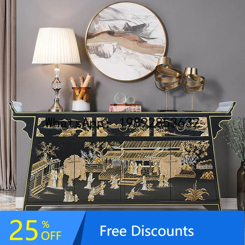 

CZ Antique Hand-painted Entrance Cabinet Qingming Riverside Scene Decorative Cabinet Raised Head Gold-painted Wood Sideboard