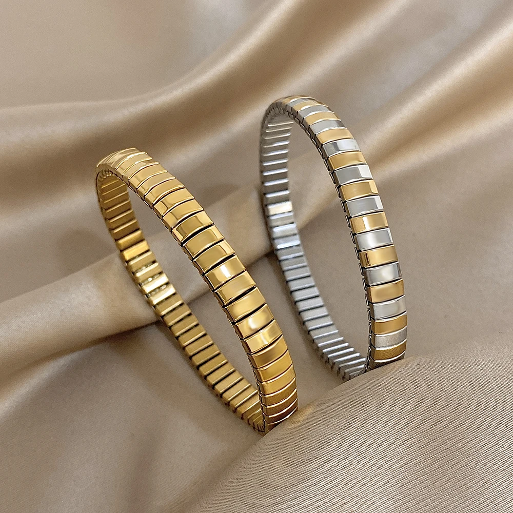 

Freetry Stainless Steel Elastic Strap Chain Bracelets for Women Simple Geometry Round Bangle Waterproof Italian Chain Bracelet