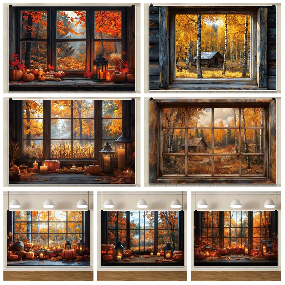 

Cabin Pumpkin Window Trees Photography Background Autumn Landscape Yellow Maple Leaves Backdrop Cloth Photography Accessories