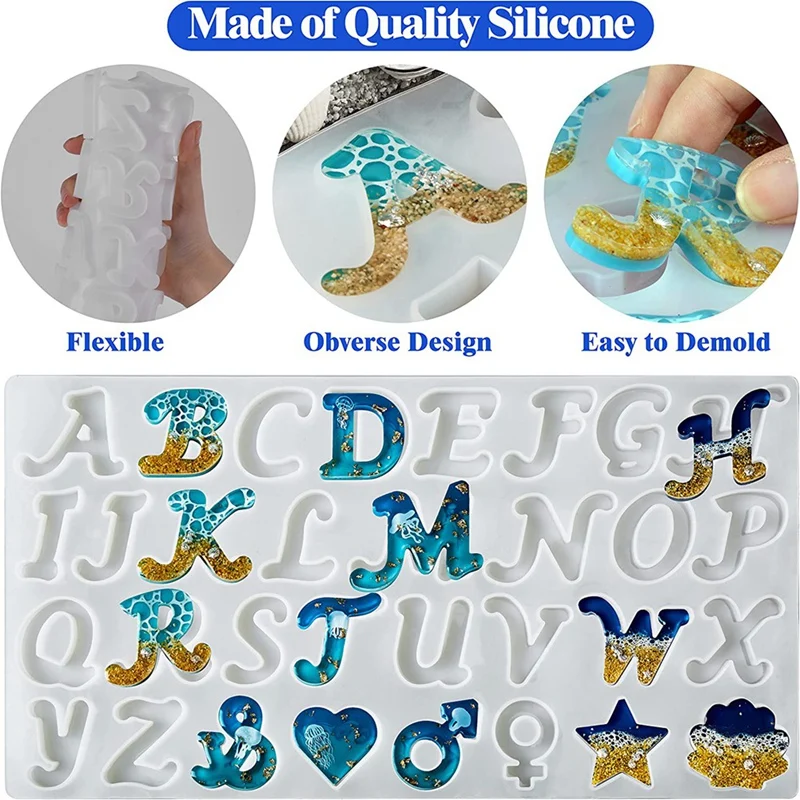 Reverse Letter Resin Mold Kit, Silicone Mold For Resin DIY, Letter And Decorative Epoxy Resin Keychain Making Set