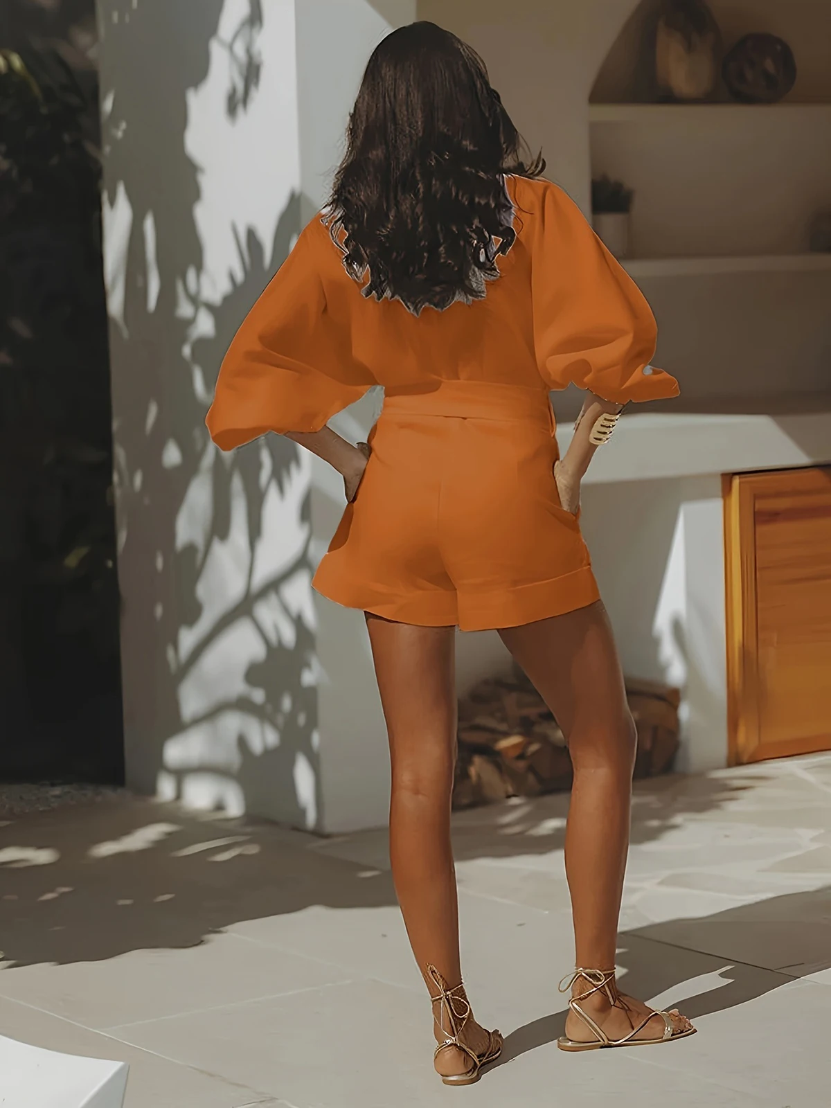 Women's Elegant Romper Jumpsuit Spring Summer One Piece Outfits V-Neck Long Sleeve Belt Dressy Short Pants Suit