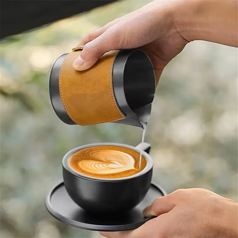 Tasse à café latte en acier inoxydable 450, 304 ml, étui en cuir, bouche pointue, épaissie, mousse de lait, nervure, fleur, précieux outils Barista