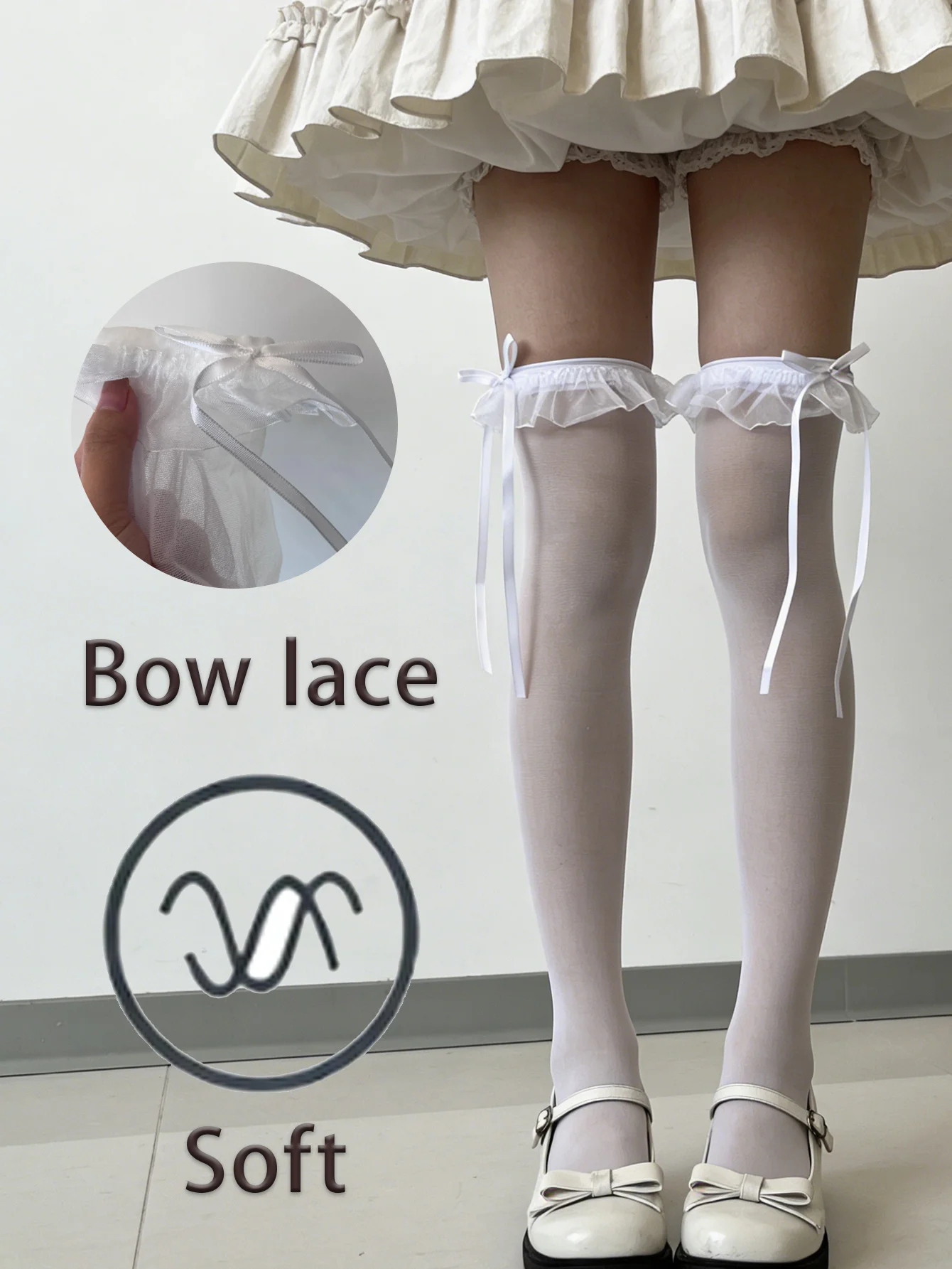 1 Paar ultradünne Overknee-Strümpfe mit weißer Spitzenschleife für Damen zum Valentinstag, atmungsaktiv, im süßen Lolita-Girl-Stil, für den Frühling