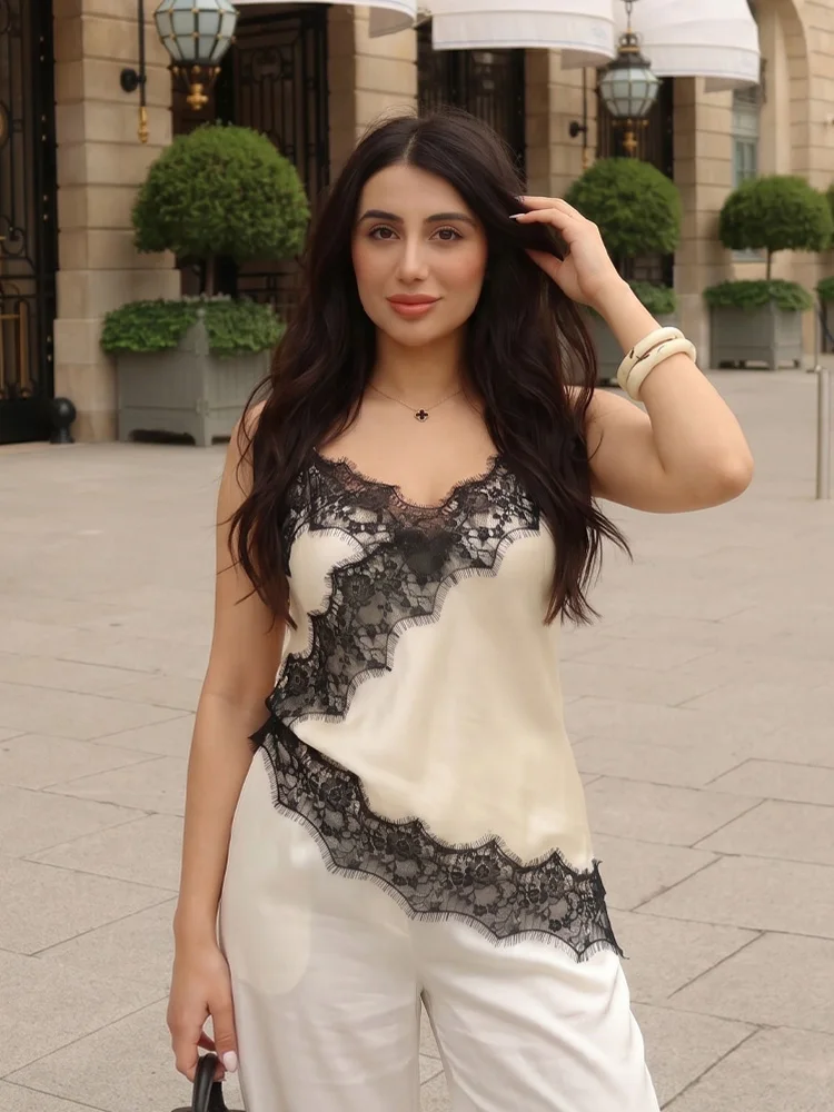 HH Women Fashion Lace Patchwork Straps Top Irregular Hem Spaghetti Straps V-Neck Hollow Sexy Tops 2026 Summer Night Date Wear