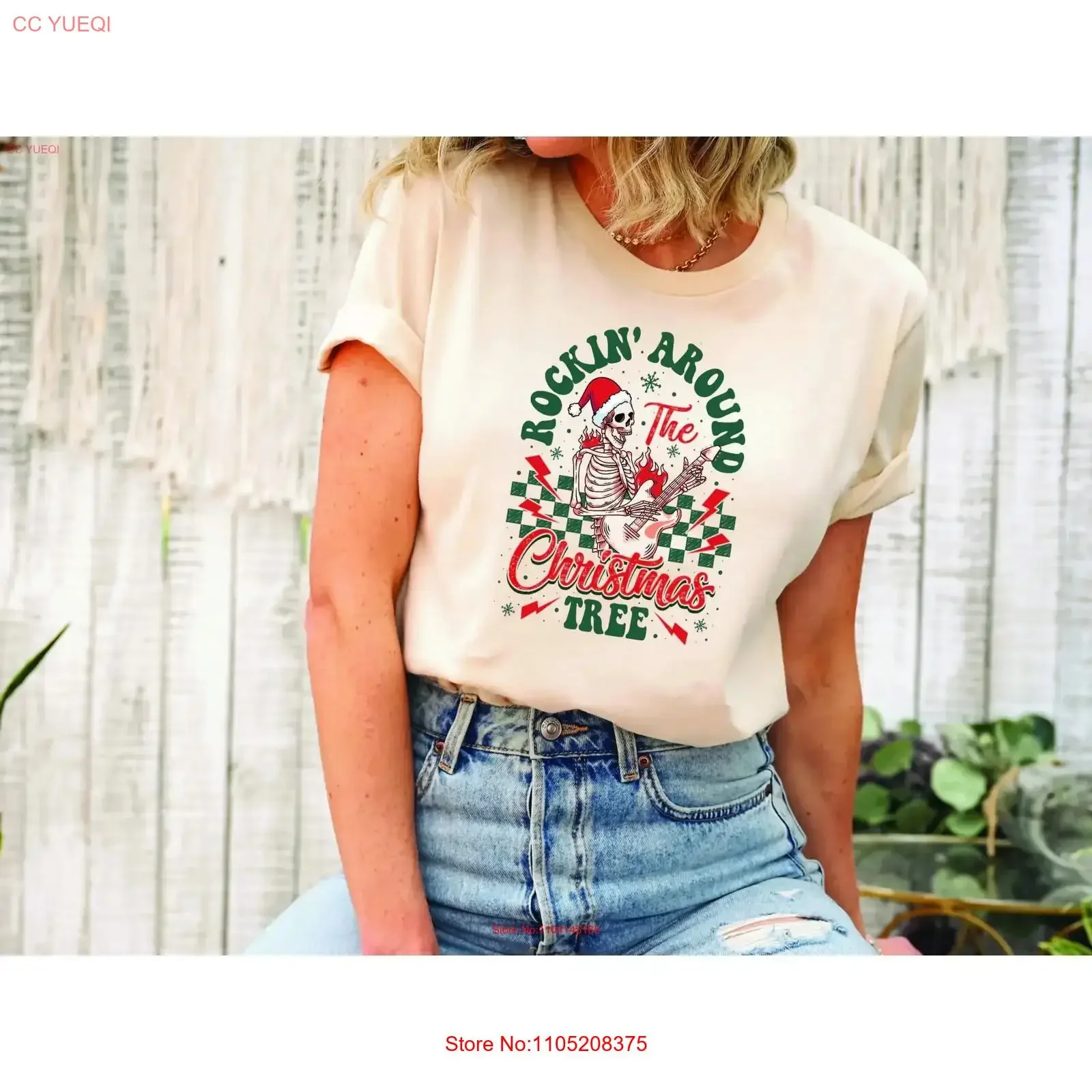 

Rockin Around The Christmas Tree T Shirt Skeleton SweaT Rock And Roll vintage Washed Unisex Versatile graphic Comfortable