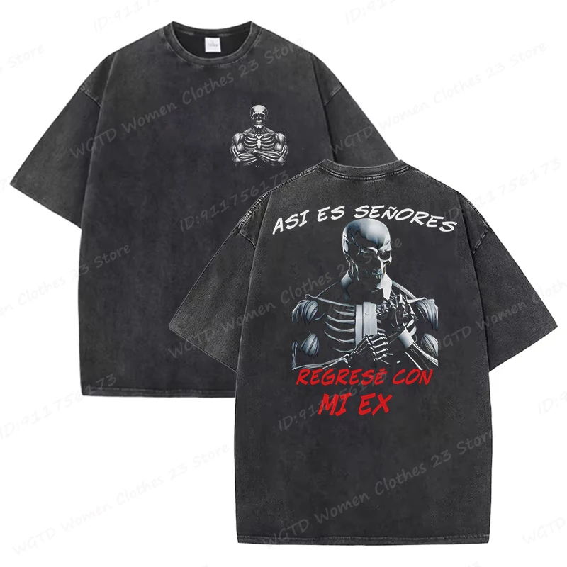 Calacas Chidas Gym Washed T-Shirts Men's Trendy Cool Skeleton & Gym Print Oversized Tshirt Summer Tees Streetwear Casual Tops image 4