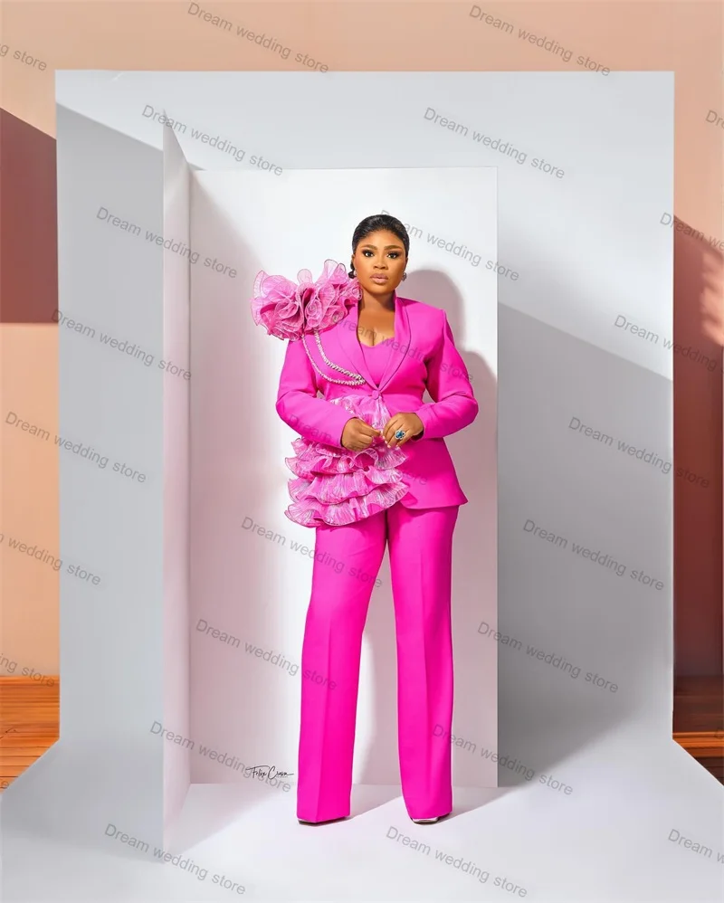 Hot Pink Crystals Women Suits Set 2 Piece Blazer+Pants Luxury Formal Wedding Tuxedo Prom Dress Jacket Trousers Custom Made Coat