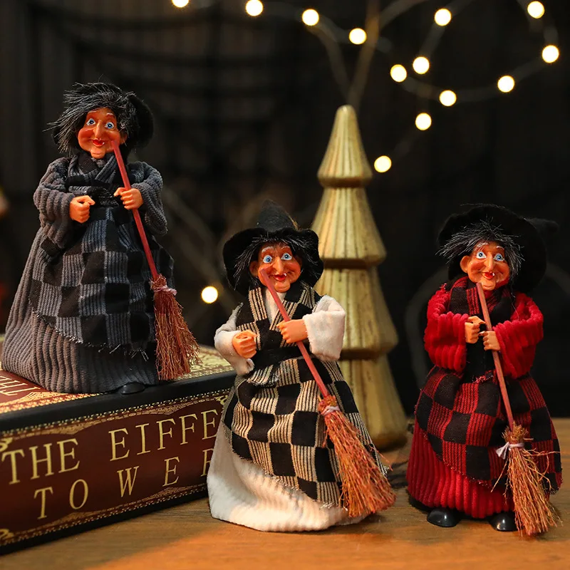 

1Pcs Halloween Broom Witch Dolls Creepy Party Props Halloween Scene Decorative Witch Figurines Broom Witch Props