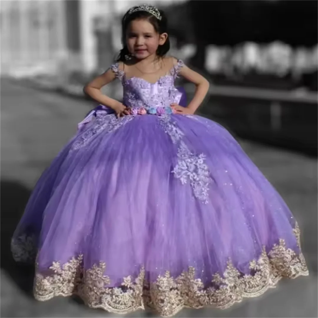 

Customized Lilac Girls Pageant Dresses Applique Princess Flower Girl Dress for Wedding Long Gala Dress for Toddlers