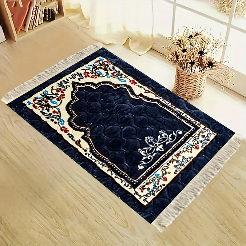 VIKAMA Navy Quilted Thick Prayer Rug Skin-Friendly Colorful Pattern Worship Mat Tassel Islamic Prayer Carpet for Home Bedroom