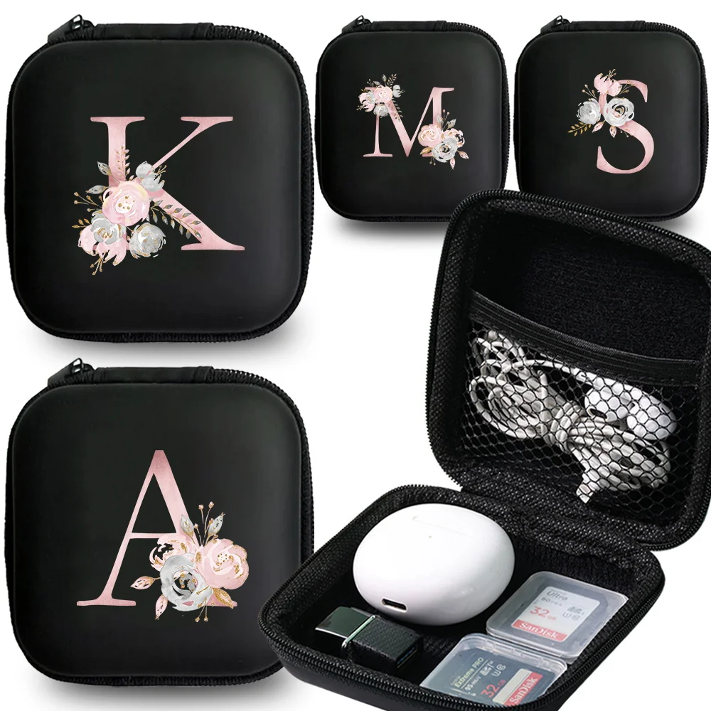 Headphone Case Data Cable Charger Storage Box Pink Flower Letter Print Hard Container Cable Hard Case Earphone Protective Bag