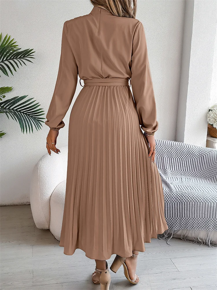 Msfilia Elegant Stand Collar Spring Summer Solid Long Dress Women Full Sleeve High Waist Design Pleated Dress image 4