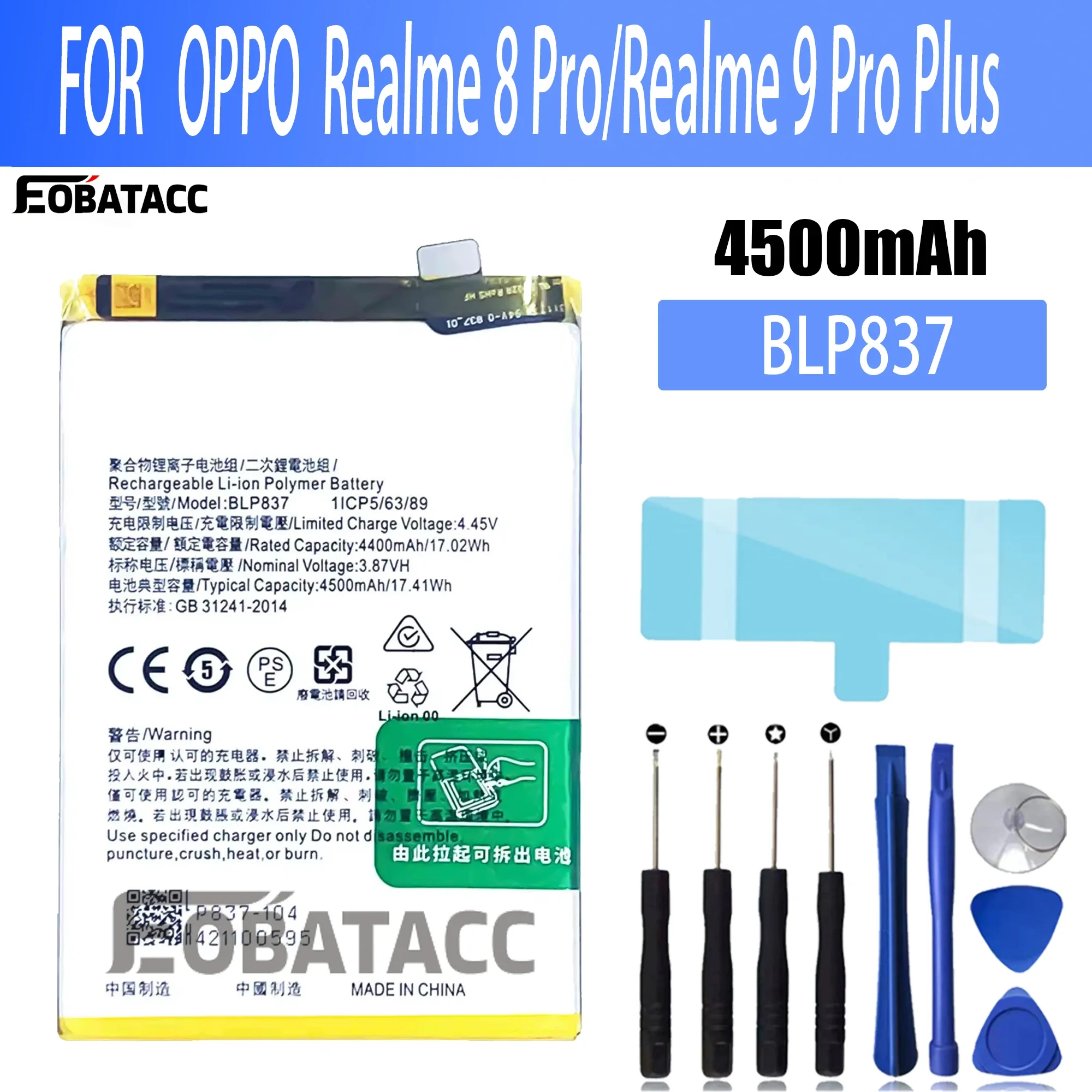 

2025 years 100% New Original Battery BLP837 For OPPO Realme 8 Pro/Realme 9 Pro Plus Battery + Free Tools