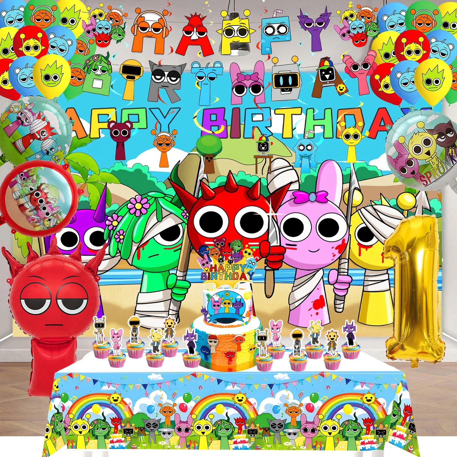 

Incredibox Sprunki Theme Birthday Party Tablecloth background cloth, balloon banner, digital birthday balloon 1-9 decoration