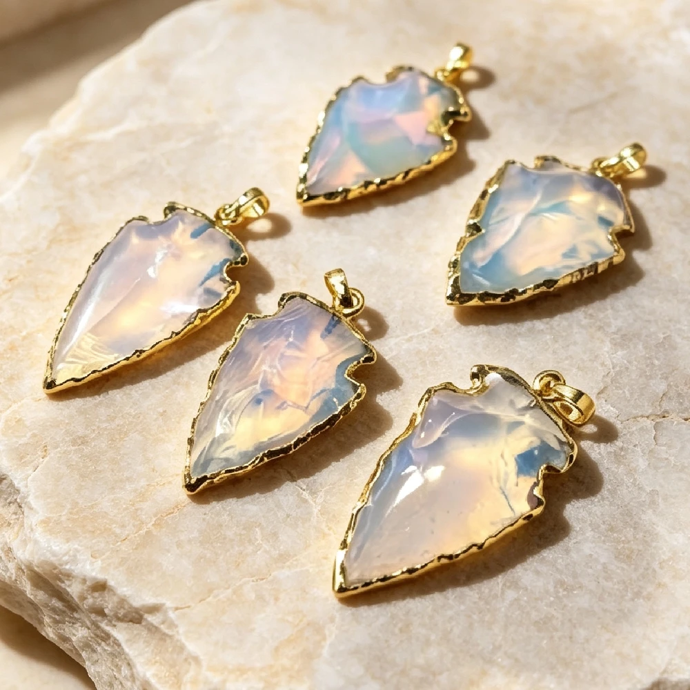 Boho Spiritual Tribal Arrowhead Opalite Charms Golden Plated Hammered Edge Single Bail Healing Bulk DIY Craft Findings P2D167