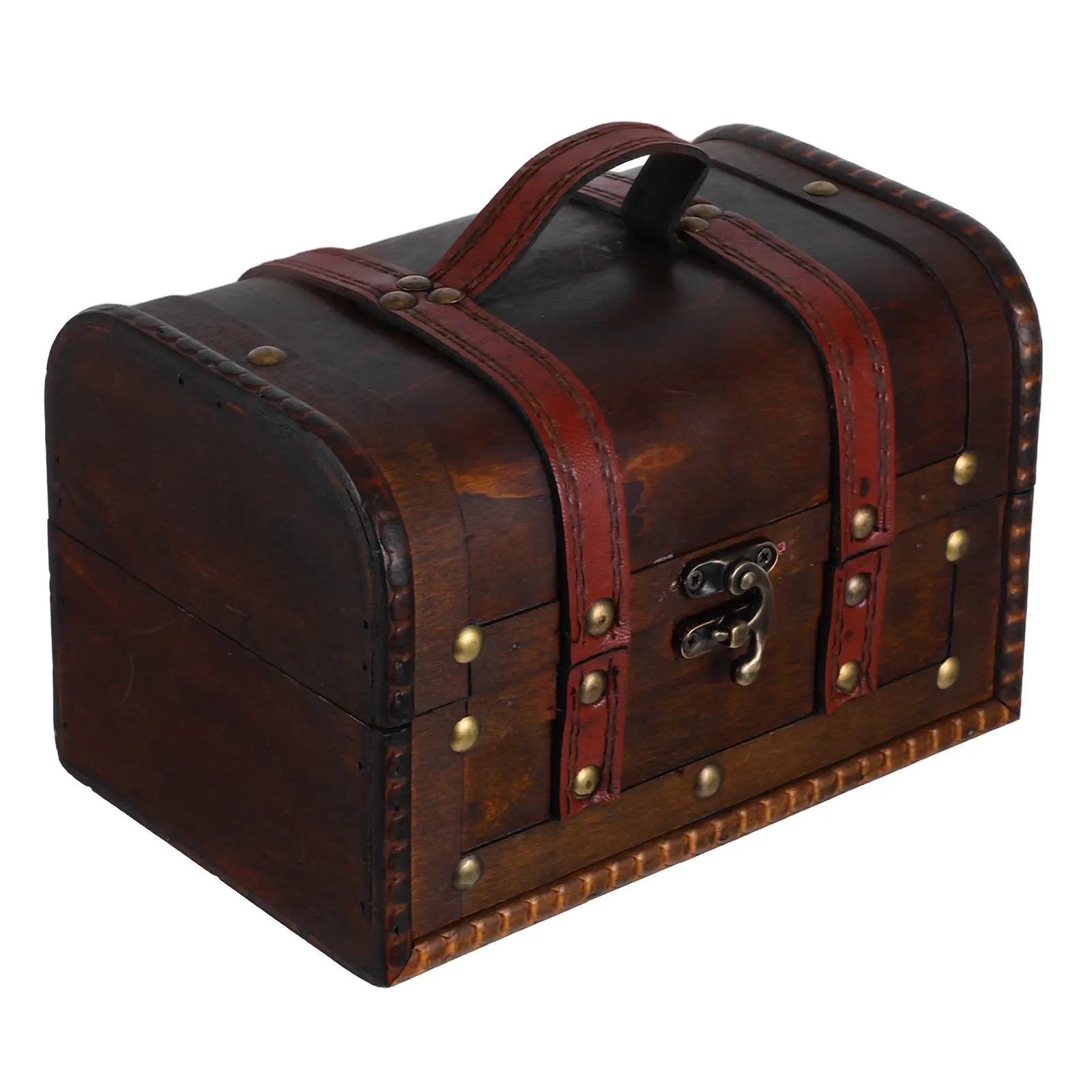 Vintage Pirate Treasure Chest Small Wooden Storage Box with Lock Rustic Decorative Trinket Jewelry Organizer Keepsake Home