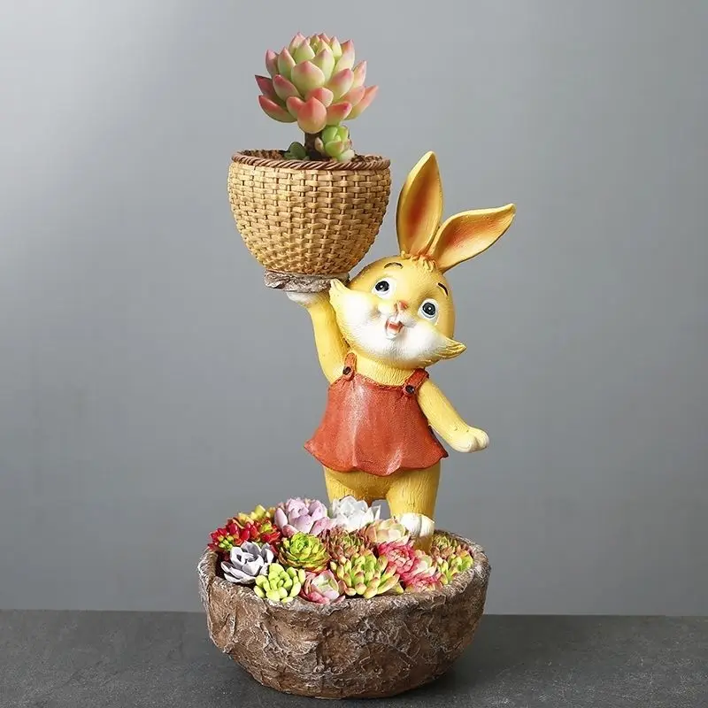 Creative Cute Cartoon Rabbit Basket Resin Ornaments Home Meat Green Plant Flowerpot Crafts Balcony Garden Figurines Decoration