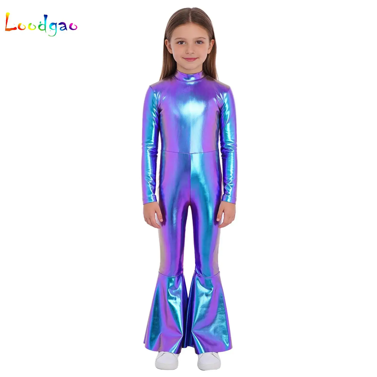 

Блестящий комбинезон-клеш в стиле хиппи для девочек на Хэллоуин, с длинными рукавами, расклешенный, в стиле диско, для выпускного вечера в стиле 70-х 80-х годов